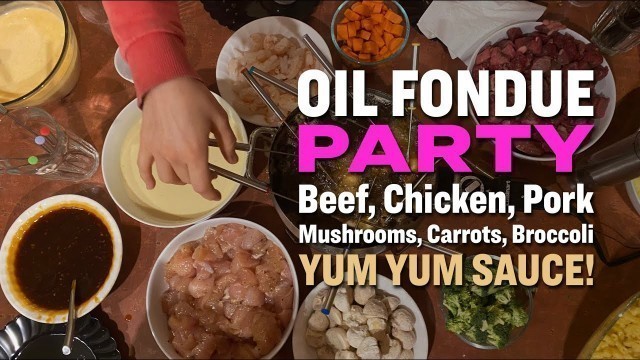 'Party Food! Oil Fondue with Battered Chicken, Shrimp, Steak and Mushrooms.'