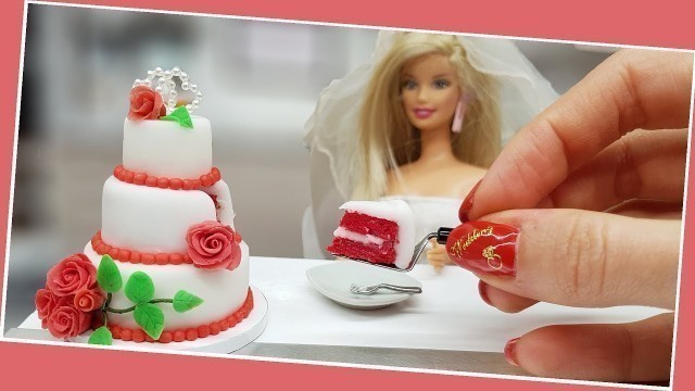 'Barbie red velvet mini WEDDING cake with mini sugar roses/real mini cake/jenny\'s mini cooking/DIY'