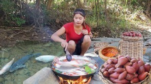 'Found and catch Fresh fish in waterfall for food - Fish soup delicious for dinner - Solo cooking'