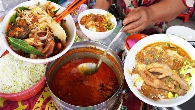 'Cambodian Rice Noodle Fish Curry, Cambodian Street Food @ Kach Chrung Market Ta Khmao'