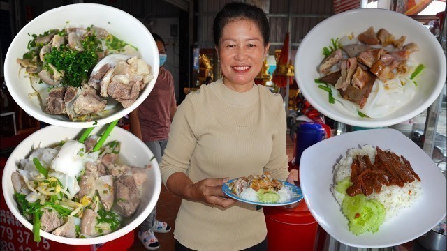 'Yummy noodle soup, rice with fried chicken or pork, Cambodian street food'