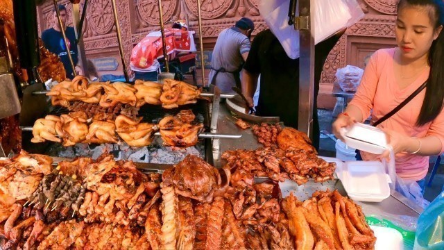 'Amazing! Cambodian street food - Delicious Roasted duck, Chicken, Pork selling on the street'