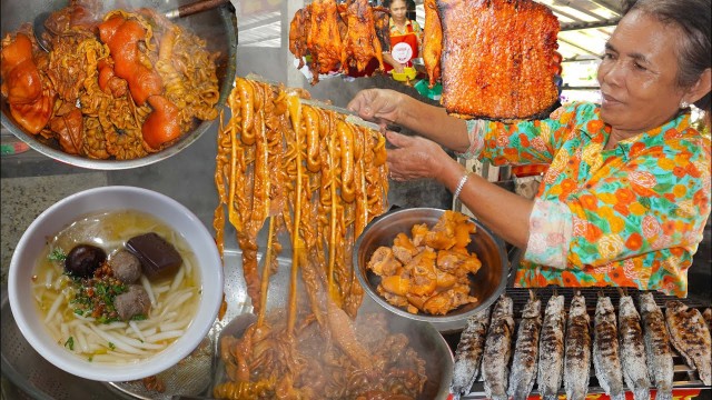 'Cambodian street food, noodle soup, braised & roast pork @ Takhmao river, Khmer food'