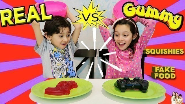 'Real Food vs Squishies Challenge - Super Gross fake Food - Kids React - Candy Challenge'