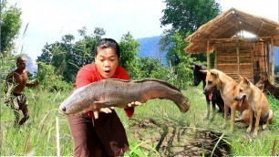 'woman finding food for dog meet fish on dry -Boil fish Recipe -cooking in forest HD'