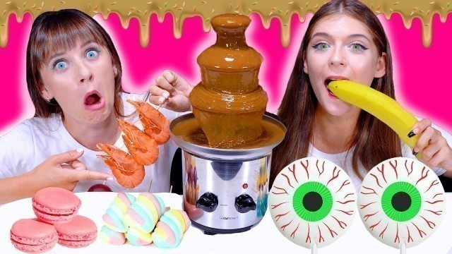 'ASMR CHOCOLATE FOUNTAIN FONDUE CHALLENGE || Chocolate VS Real Food By LiLiBu'