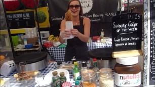 'French Street Food: Savoury + Sweet Pancakes at \"Crêpes à la carte\" in Camden Lock Market, London.'