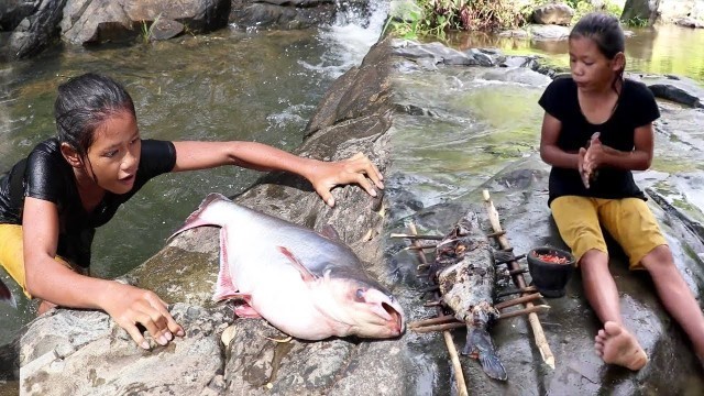 'Yummy Cute girl teach how to catches a giant fish in waterfall - Survival Foods'