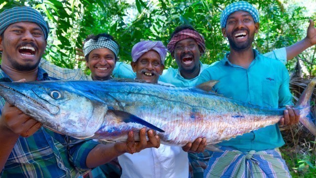 'KING FISH GRILL | Spanish Mackerel Fish Grill with Banana Leaf | Fish Fry Recipe Cooking In Village'