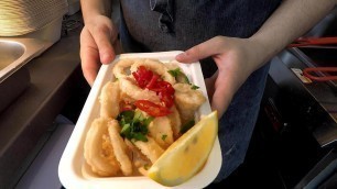 'Fish & Chips, Calamari & Chips, Traditional English Street Food of London. Camden Town'